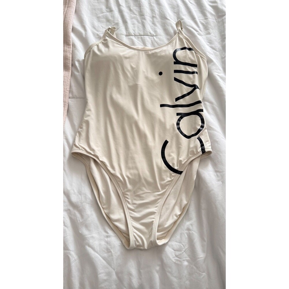 Calvin Klein One Piece Swimsuit Women's Size 12 Cream Logo Print Bathing Suit
